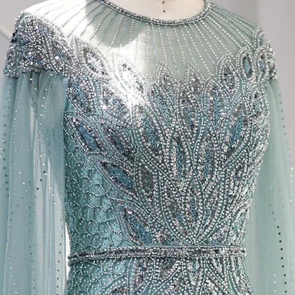 Luxury Blue Mermaid Evening Dress with Cape Sleeves - Picture 5 of 7